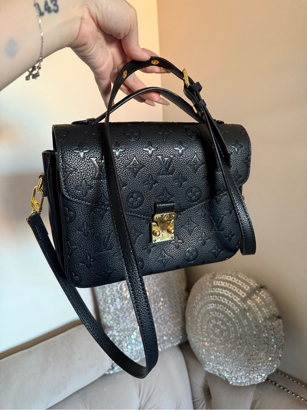 Black Embossed Leather Top Handle Crossbody
